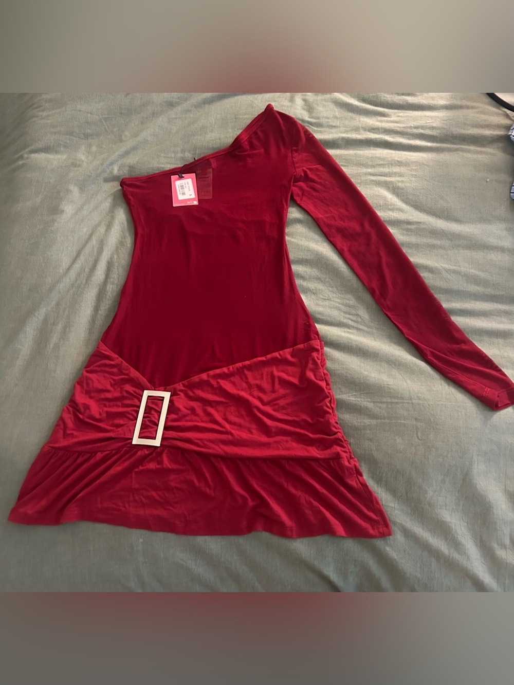 Edikted Red One-Shoulder Long Sleeve Mini Dress with Waist Buckle
